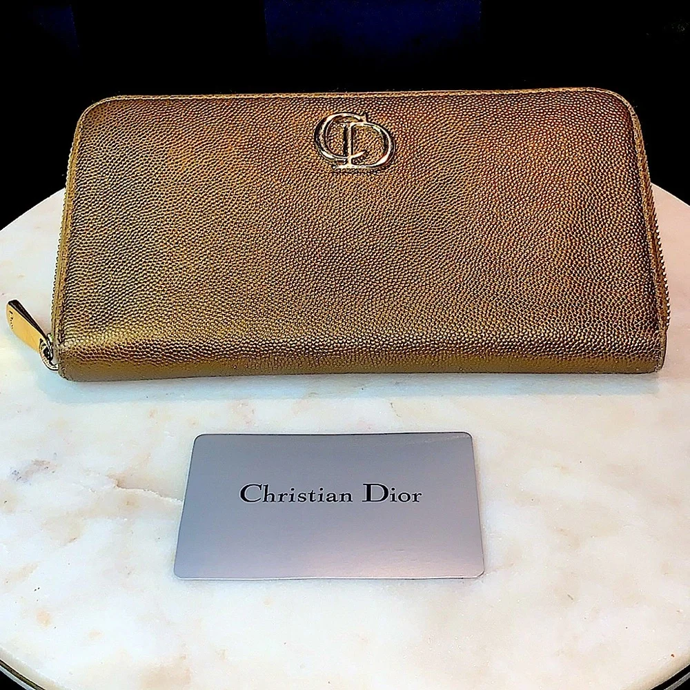 CHRISTIAN DIOR ZIPPY WALLET GOLD METALLIC MADE IN SPAIN
